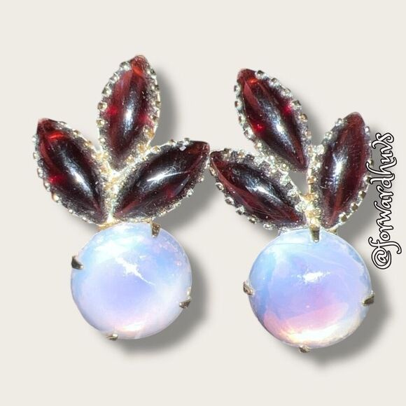 Vintage Opalescent and Ruby Glass Dangle Earrings | Gold-Toned Metal - Picture 3 of 12